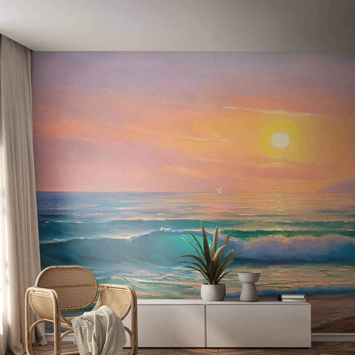 Papier Peint Photo Premium Sand - Un coucher de soleil pittoresque sur la mer avec des vagues - 100x70cm - Le chant turquoise des vagues - Décoration murale moderne pour le salon et la chambre ARTTOR