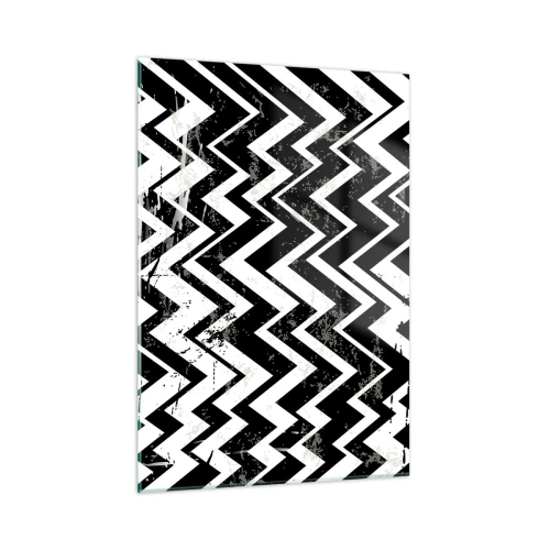 Impression sur verre - Image sur verre - Un motif en zigzag noir et blanc avec une composition et une texture dynamiques. - 50x70cm - Zig-blanc, zag-noir - Décoration murale moderne pour le salon et la chambre ARTTOR