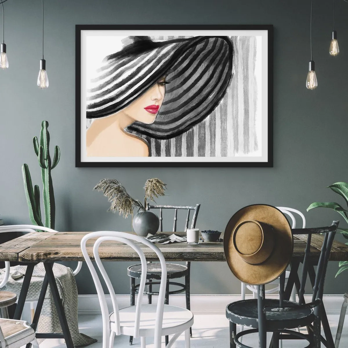 Affiche dans un cadre noir - Poster - Femme portant un chapeau noir et blanc avec une touche rouge - 70x50cm - Où te chercher ? - Décoration murale moderne pour le salon et la chambre ARTTOR