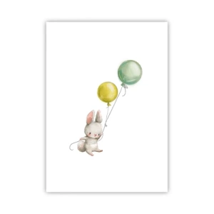 Affiche - Poster - Un lapin tenant deux ballons verts et jaunes. - 50x70cm - Moi aussi je vole! - Décoration murale moderne pour le salon et la chambre ARTTOR
