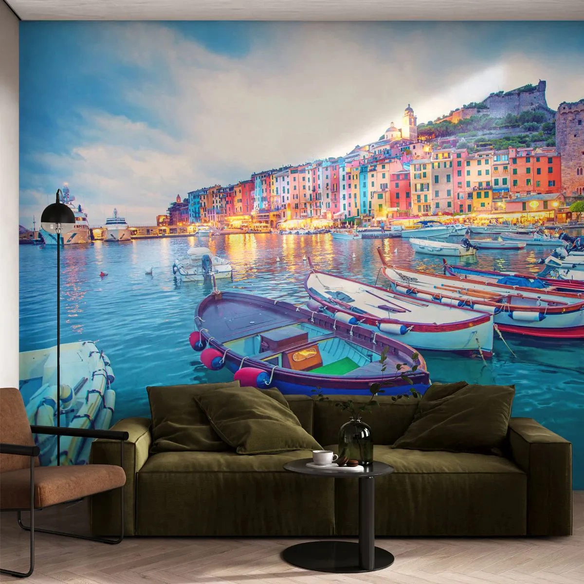 Papier Peint Photo Premium Sand - Soirée colorée au port - Ville portuaire, Architecture, Paysage - 300x210 cm