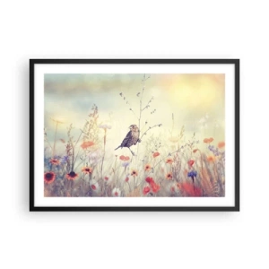 Affiche dans un cadre noir - Poster - Un oiseau sur fond de prairie colorée aux couleurs pastel - 70x50cm - Portrait d'oiseau sur pré en fond - Décoration murale moderne pour le salon et la chambre ARTTOR