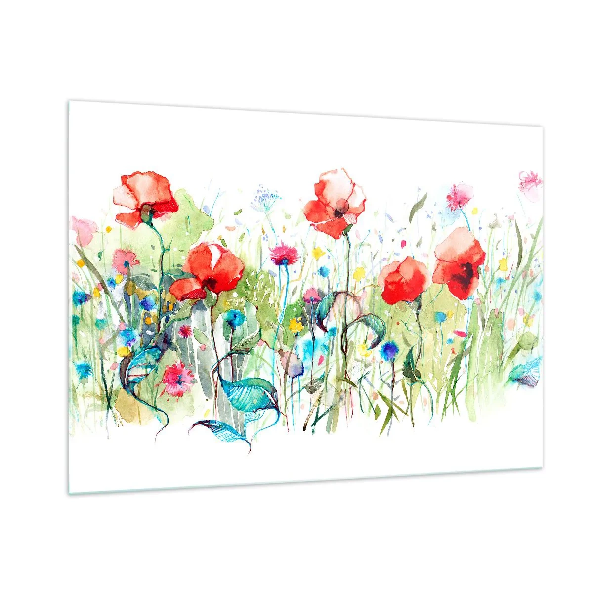 Impression sur verre - Image sur verre - Coquelicots colorés et fleurs sauvages dans un style aquarelle - 100x70cm - Prairie de fleurs en mai - Décoration murale moderne pour le salon et la chambre ARTTOR