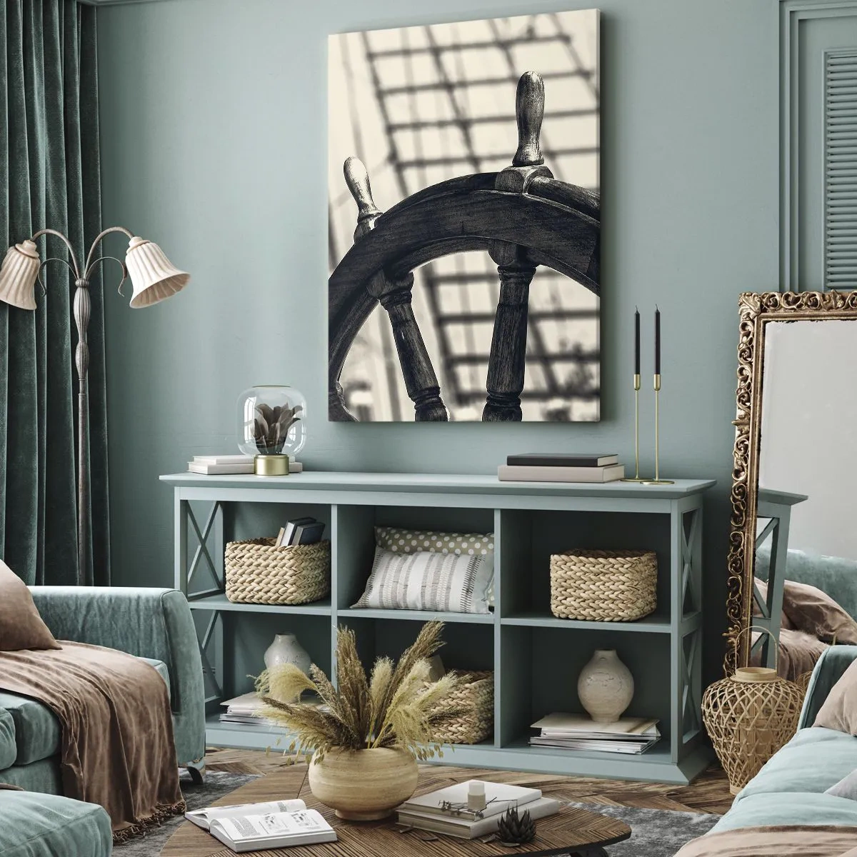 Impression sur toile - Image sur toile - Un gouvernail de style rétro avec un navire en arrière-plan - 50x70cm - Histoires de mer - Décoration murale moderne pour le salon et la chambre ARTTOR