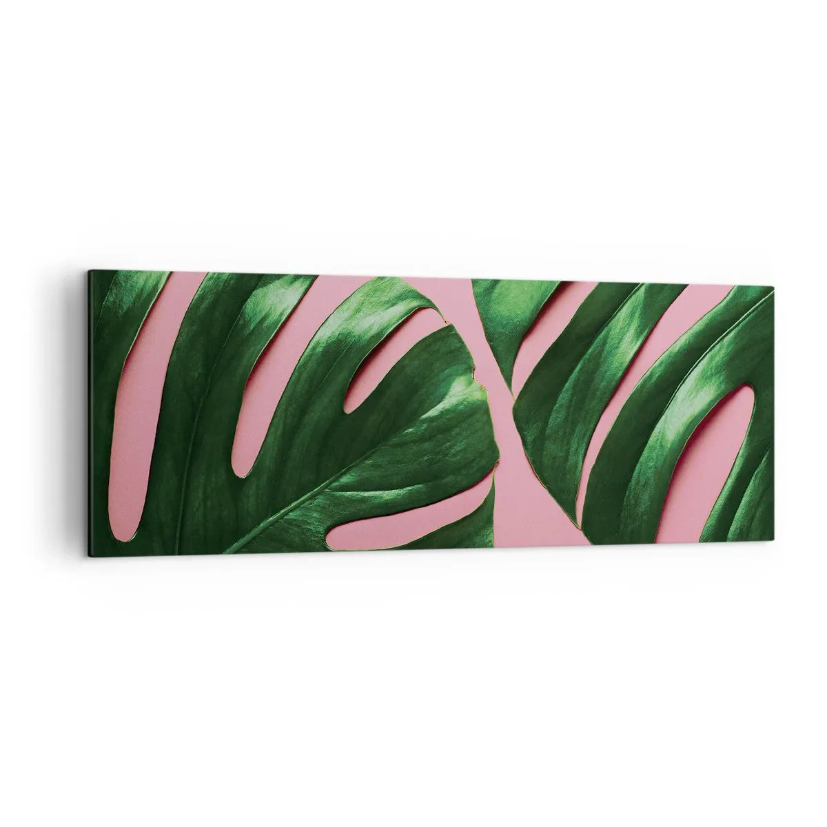 Impression sur toile - Image sur toile - Feuilles de monstera vertes sur fond rose - 140x50cm - Rendez-vous vert - Décoration murale moderne pour le salon et la chambre ARTTOR