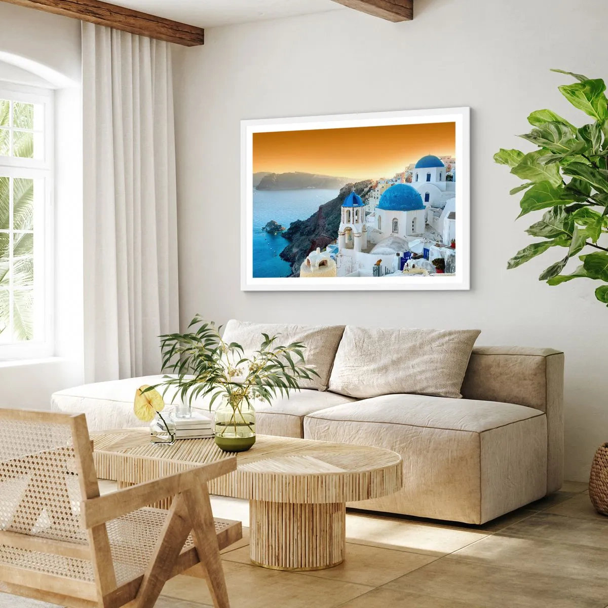 Affiche dans un cadre blanc - Poster - Santorin - blotti contre les rochers - 50x40 cm