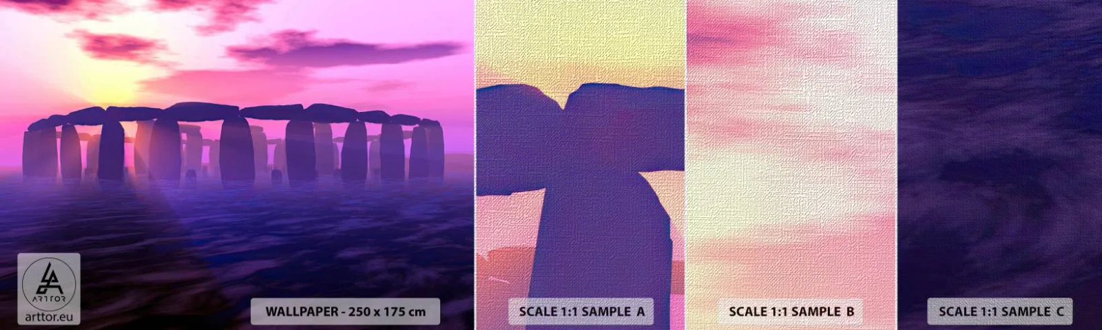 Échantillon de Papier Peint Premium Canvas - Mystère à l'aube dans le brouillard - Architecture, Stonehenge, Cercles de pierres - 100x30 cm