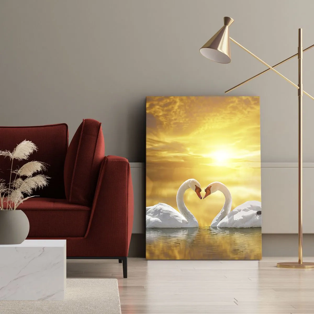 Impression sur toile - Image sur toile - Une scène romantique de deux cygnes formant un cœur sur fond de coucher de soleil doré. - 50x70cm - Le coeur est le plus beau mot du monde… - Décoration murale moderne pour le salon et la chambre ARTTOR