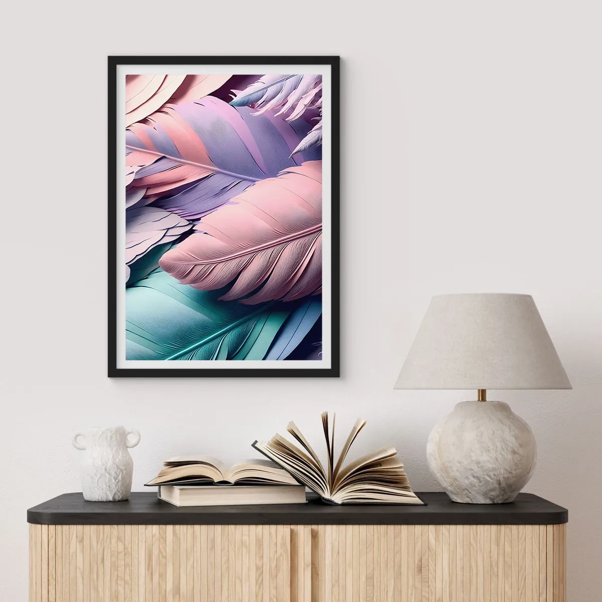 Affiche dans un cadre noir - Poster - Plumes pastel aux tons délicats - 50x70cm - Oiseau chic - Décoration murale moderne pour le salon et la chambre ARTTOR