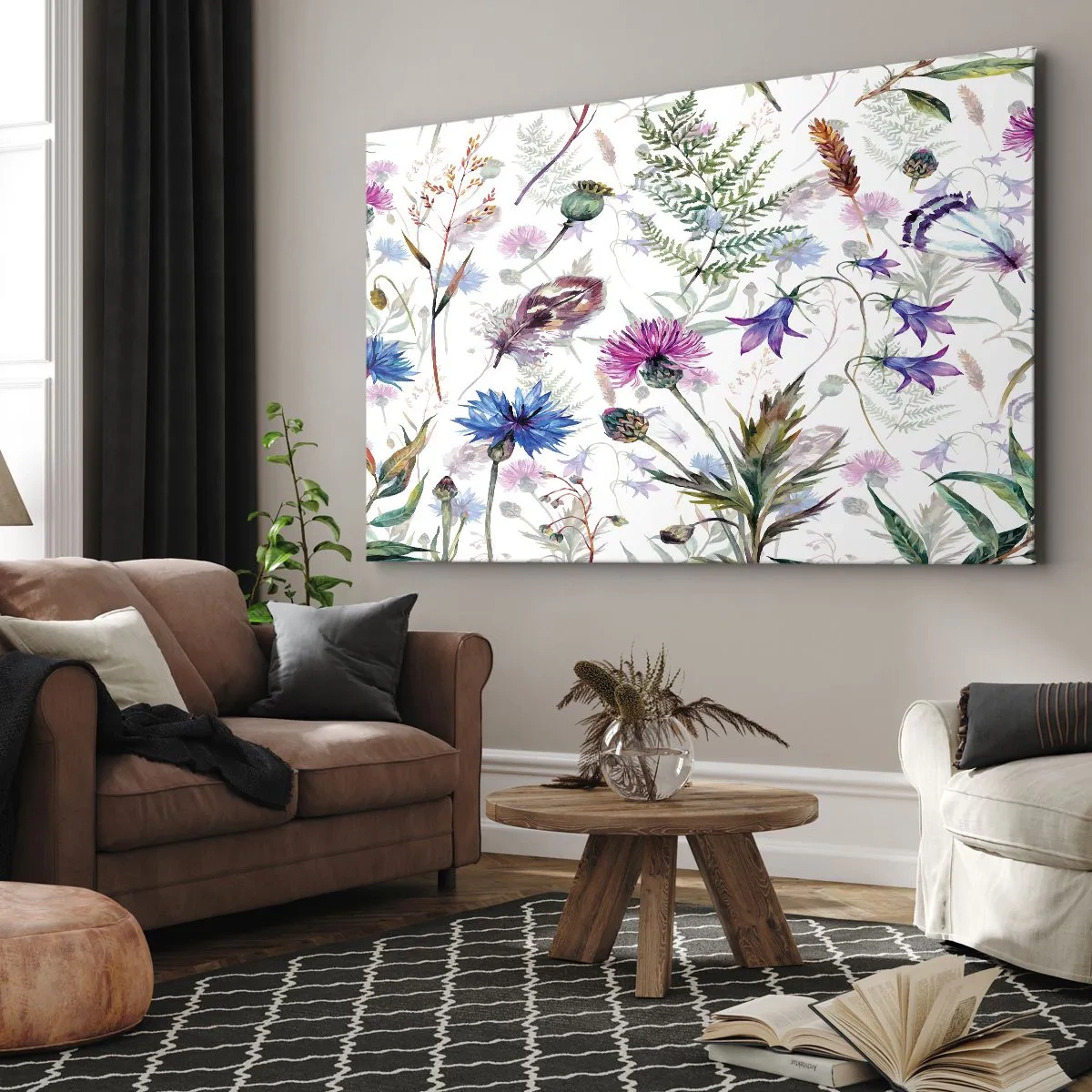 Impression sur toile - Image sur toile - Fleurs et herbes à l'aquarelle sur fond blanc dans le style herbier - 70x50cm - Herbier polonais - Décoration murale moderne pour le salon et la chambre ARTTOR