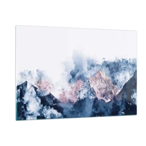 Impression sur verre - Image sur verre - Montagnes à l'aquarelle dans des tons pastel de bleu et de rose - 120x80cm - Ce sont des sommets ! - Décoration murale moderne pour le salon et la chambre ARTTOR