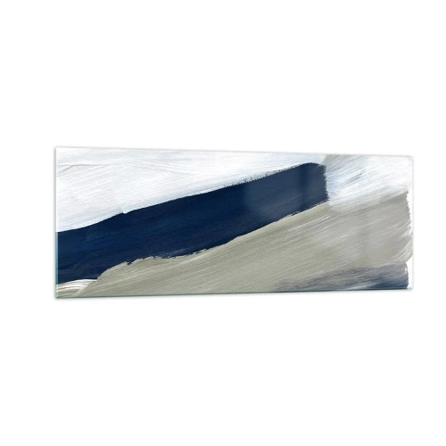 Impression sur verre - Image sur verre - Coups de pinceau abstraits dans des tons de bleu et de gris - 140x50cm - Rencontre avec la blancheur - Décoration murale moderne pour le salon et la chambre ARTTOR