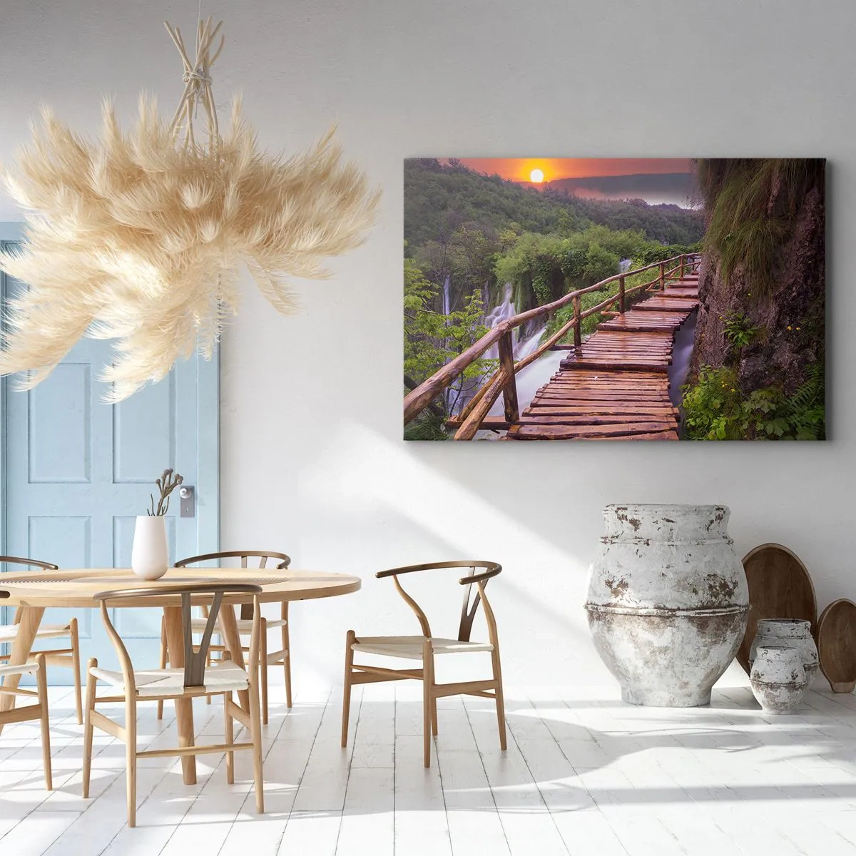Impression sur toile - Image sur toile - Un pont surplombant les cascades au coucher du soleil - 70x50cm - La beauté au-delà de la croyance - Décoration murale moderne pour le salon et la chambre ARTTOR