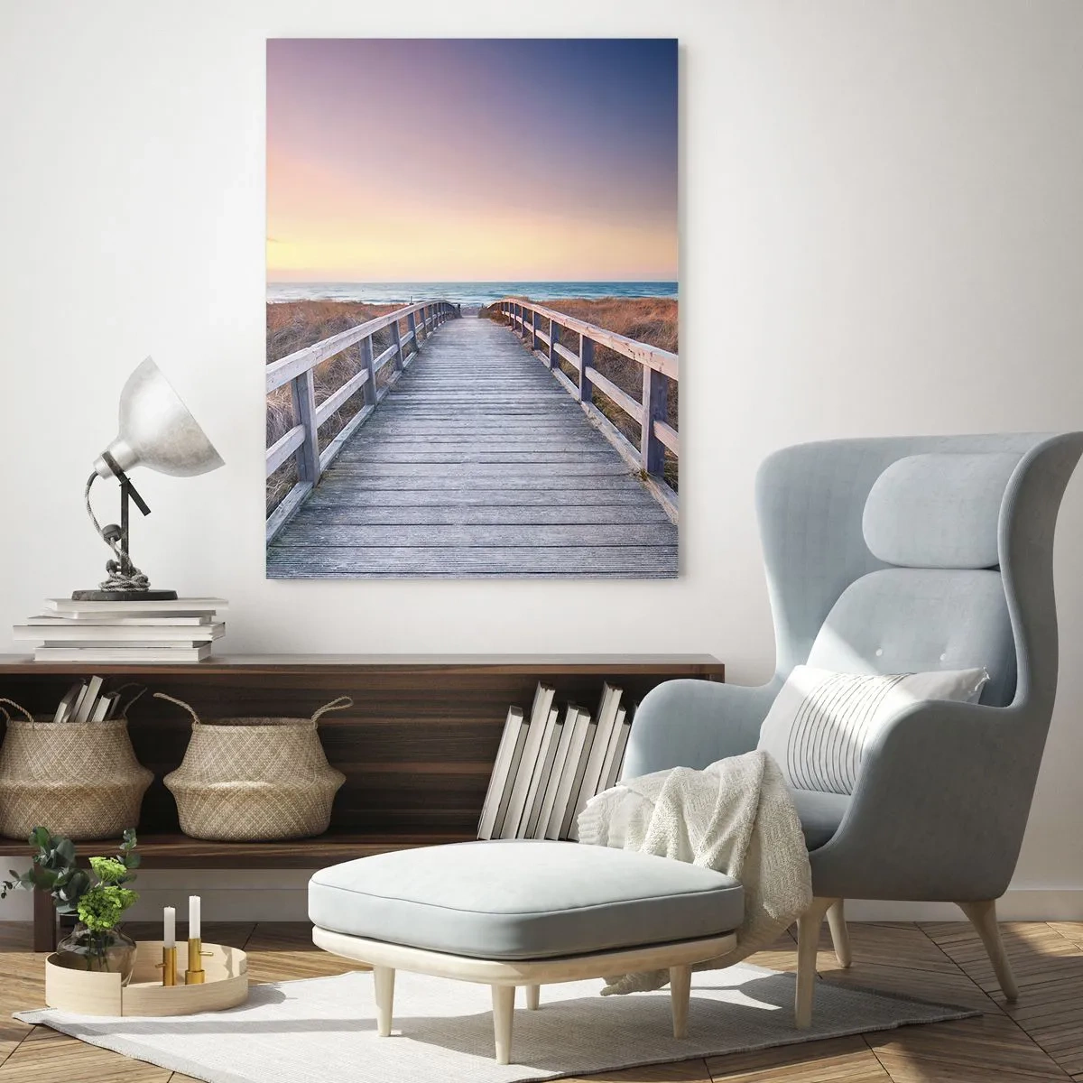 Impression sur verre - Image sur verre - Jetée en bois menant à la plage au coucher du soleil - 50x70cm - Aurore baltique du soir - Décoration murale moderne pour le salon et la chambre ARTTOR