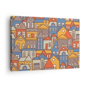 Impression sur toile - Image sur toile - Maisons colorées dans un style graphique sur fond clair - 70x50cm - Derrière la maison, une maison - Décoration murale moderne pour le salon et la chambre ARTTOR