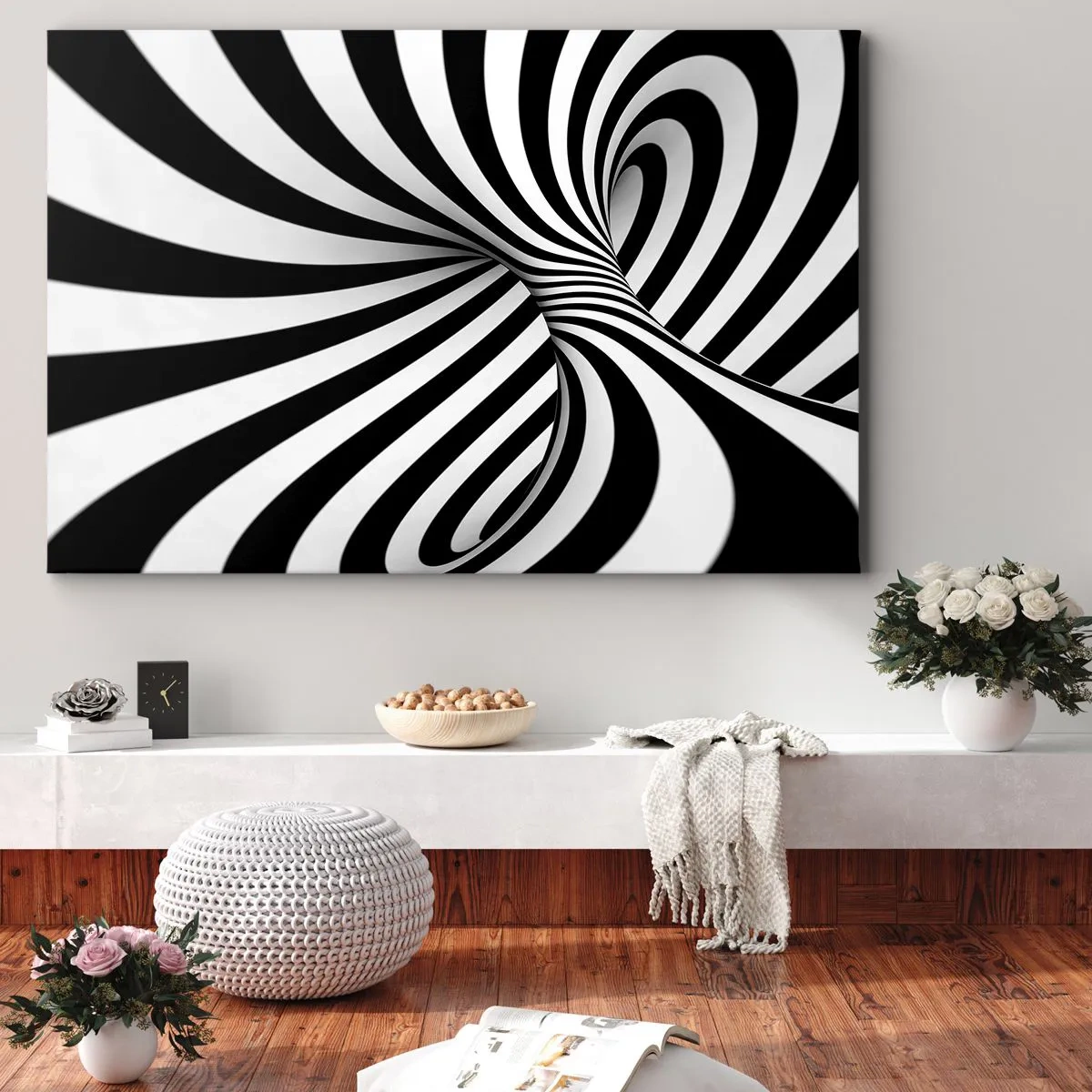 Impression sur toile - Image sur toile - Tunnel abstrait avec des rayures en spirale noires et blanches - 70x50cm - Composition : espace de danse - Décoration murale moderne pour le salon et la chambre ARTTOR