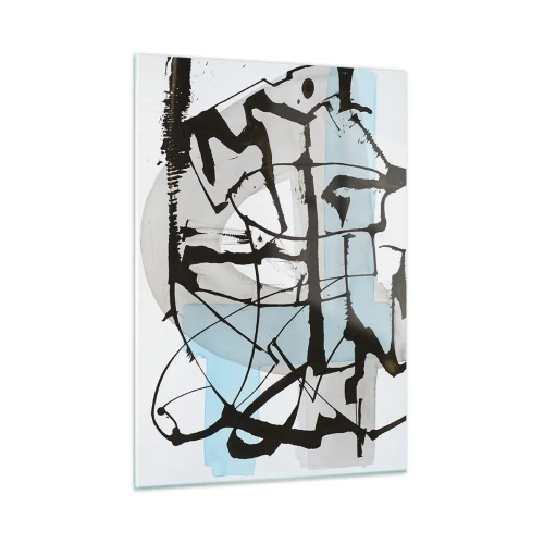 Impression sur verre - Image sur verre - Composition abstraite avec un croquis noir et des taches bleues - 50x70cm - Bleu malgré tout - Décoration murale moderne pour le salon et la chambre ARTTOR