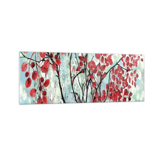 Impression sur verre - Image sur verre - Feuilles rouges sur un ciel lumineux avec des motifs abstraits - 140x50cm - Arbre en écarlate - Décoration murale moderne pour le salon et la chambre ARTTOR