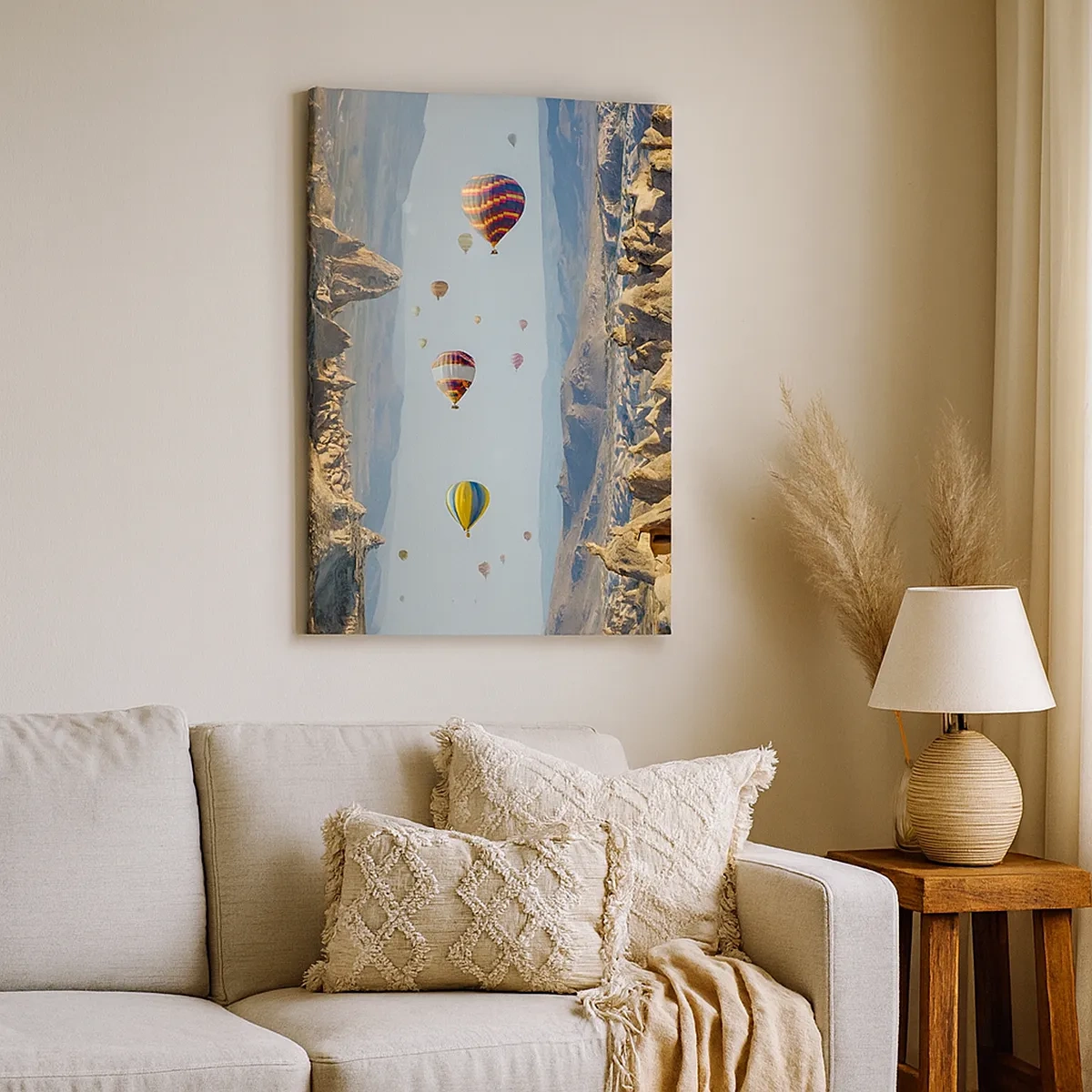 Impression sur toile - Image sur toile - Ballons colorés au-dessus d'un paysage rocheux - 50x70cm - Ici, tout est possible - Décoration murale moderne pour le salon et la chambre ARTTOR
