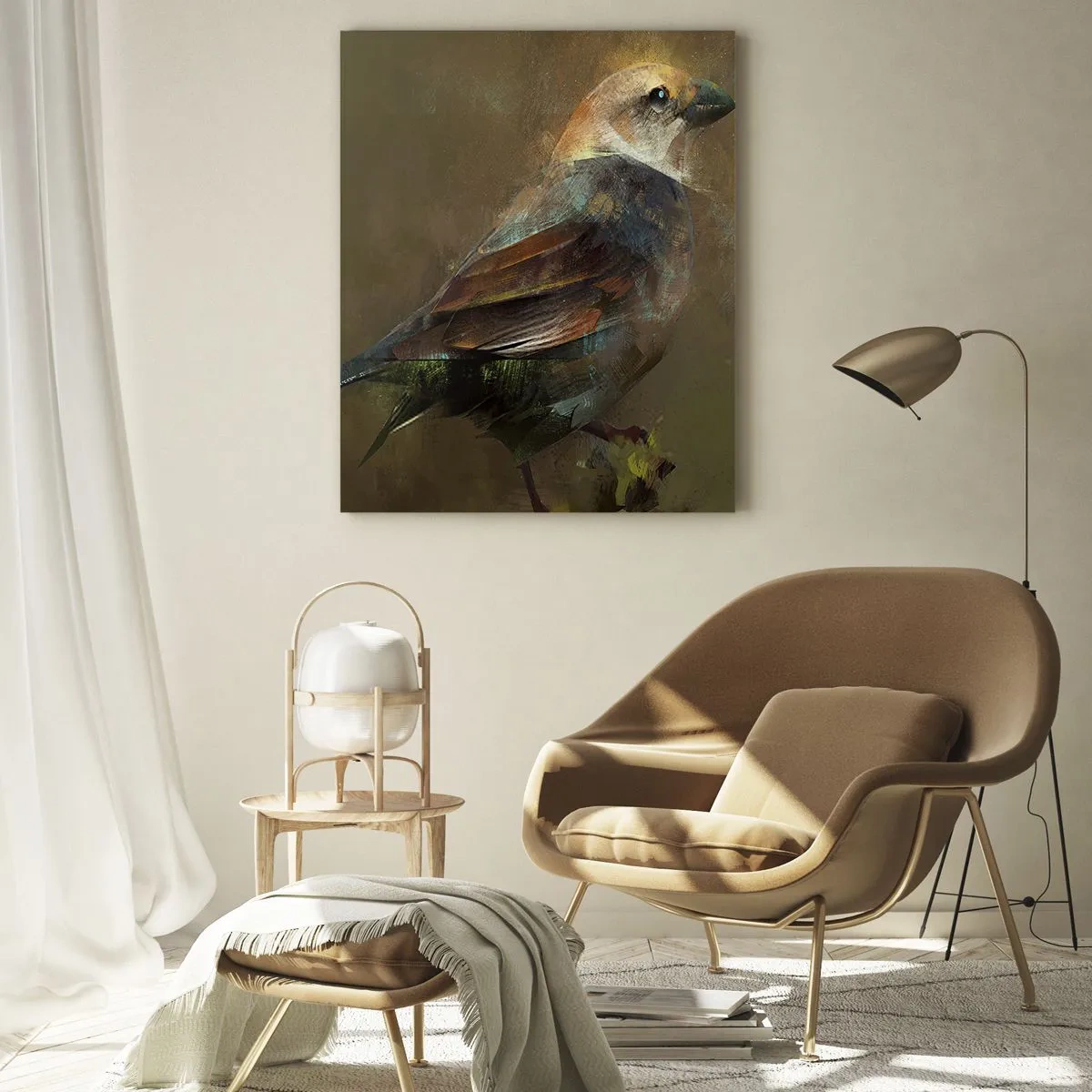 Impression sur verre - Image sur verre - Une interprétation artistique d'un moineau sur fond marron - 80x120cm - Un moineau, un petit oiseau - Décoration murale moderne pour le salon et la chambre ARTTOR
