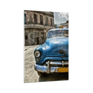 Impression sur verre - Image sur verre - Une vieille voiture bleue dans la rue dans un style rétro - 70x100cm - L'ancien est beau - Décoration murale moderne pour le salon et la chambre ARTTOR