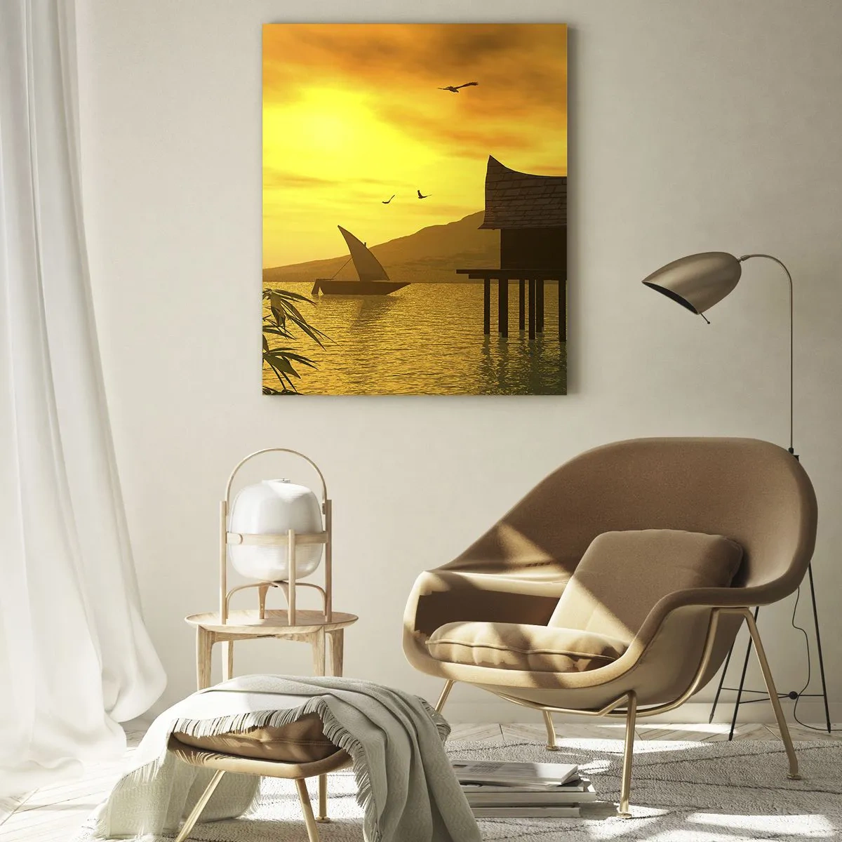 Impression sur verre - Image sur verre - Coucher de soleil tropical sur l'eau avec une maison en bois sur pilotis. - 80x120cm - La paix tant désirée - Décoration murale moderne pour le salon et la chambre ARTTOR