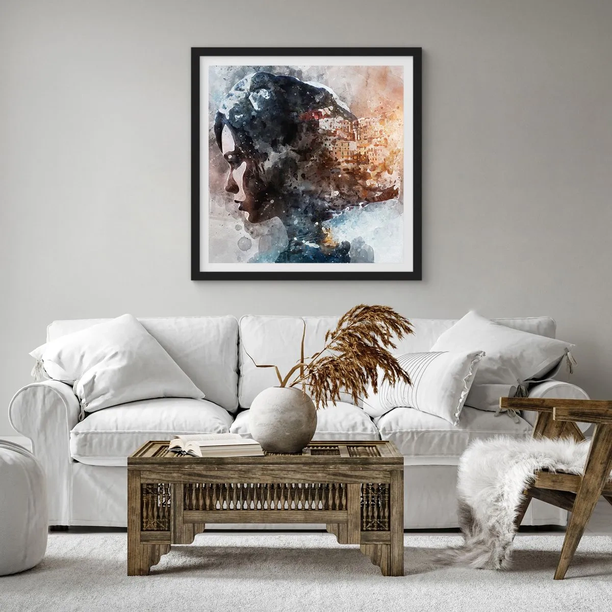 Affiche dans un cadre noir - Poster - L'histoire d'une fille avec une ville en arrière-plan - 60x60 cm