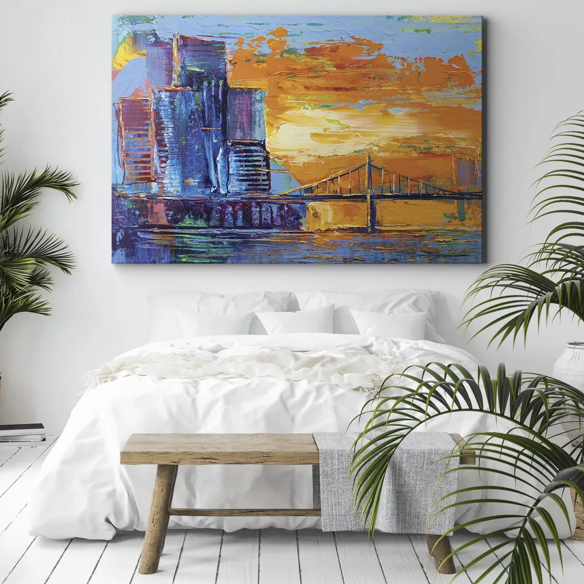 Impression sur toile - Image sur toile - Une ville colorée avec un pont au soleil couchant - 120x80cm - Culture et nature - Décoration murale moderne pour le salon et la chambre ARTTOR