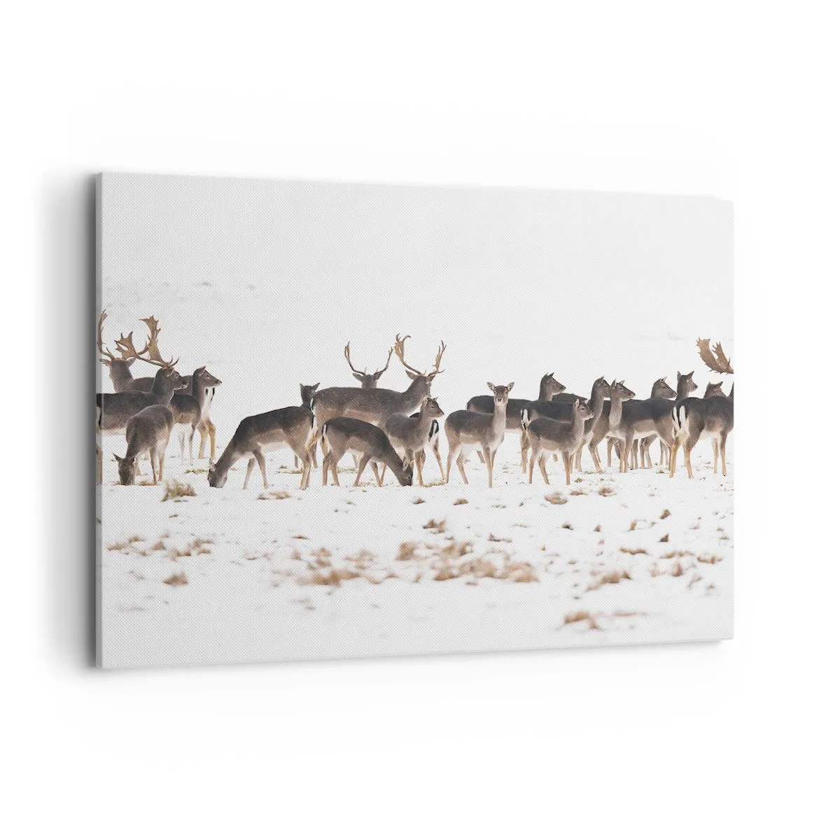 Impression sur toile - Image sur toile - Un troupeau de cerfs sur fond de neige - 100x70cm - Les fêtes approchent ? - Décoration murale moderne pour le salon et la chambre ARTTOR