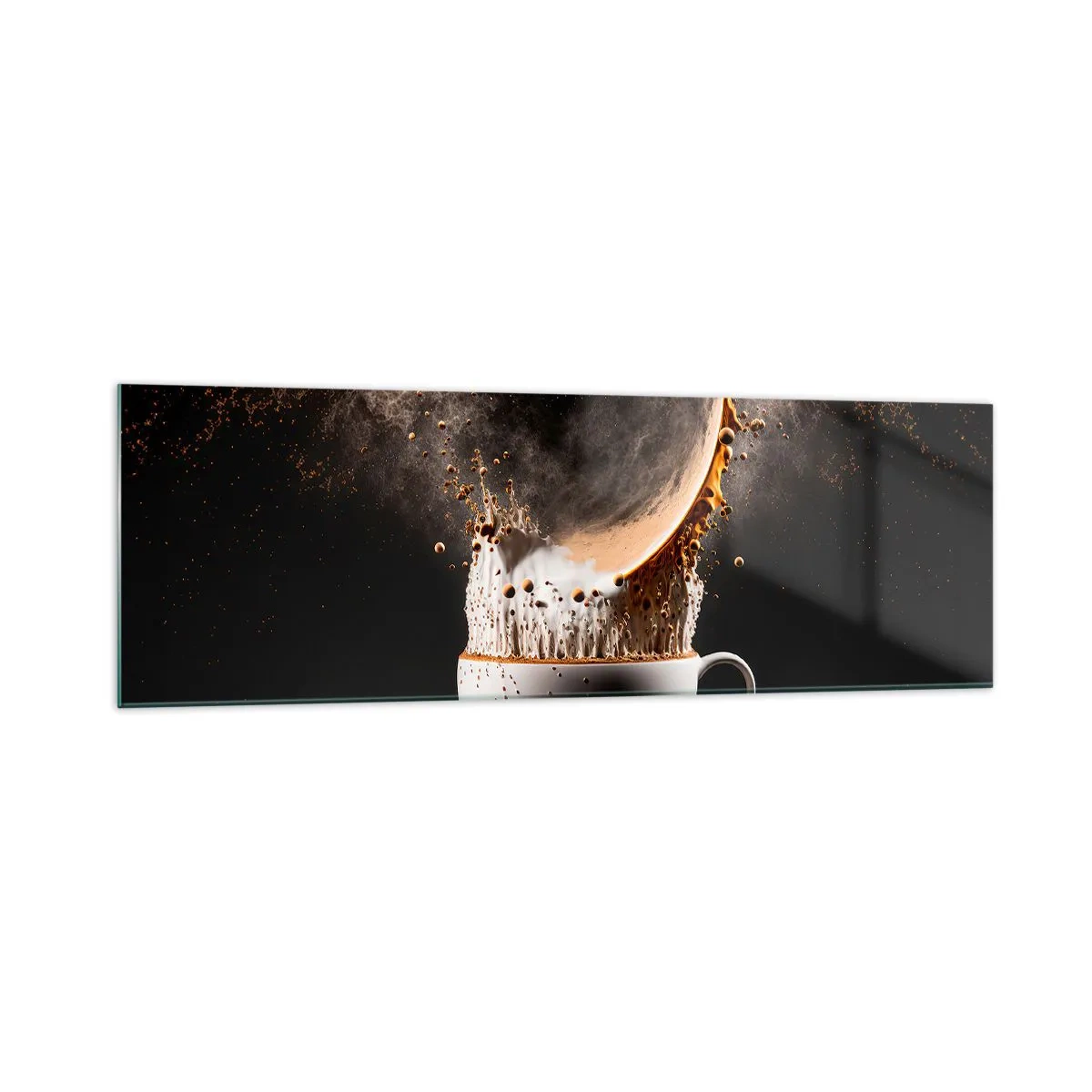 Impression sur verre - Image sur verre - Une tasse de café avec une explosion dynamique de liquide sur fond noir. - 160x50cm - Une explosion de saveur - Décoration murale moderne pour le salon et la chambre ARTTOR