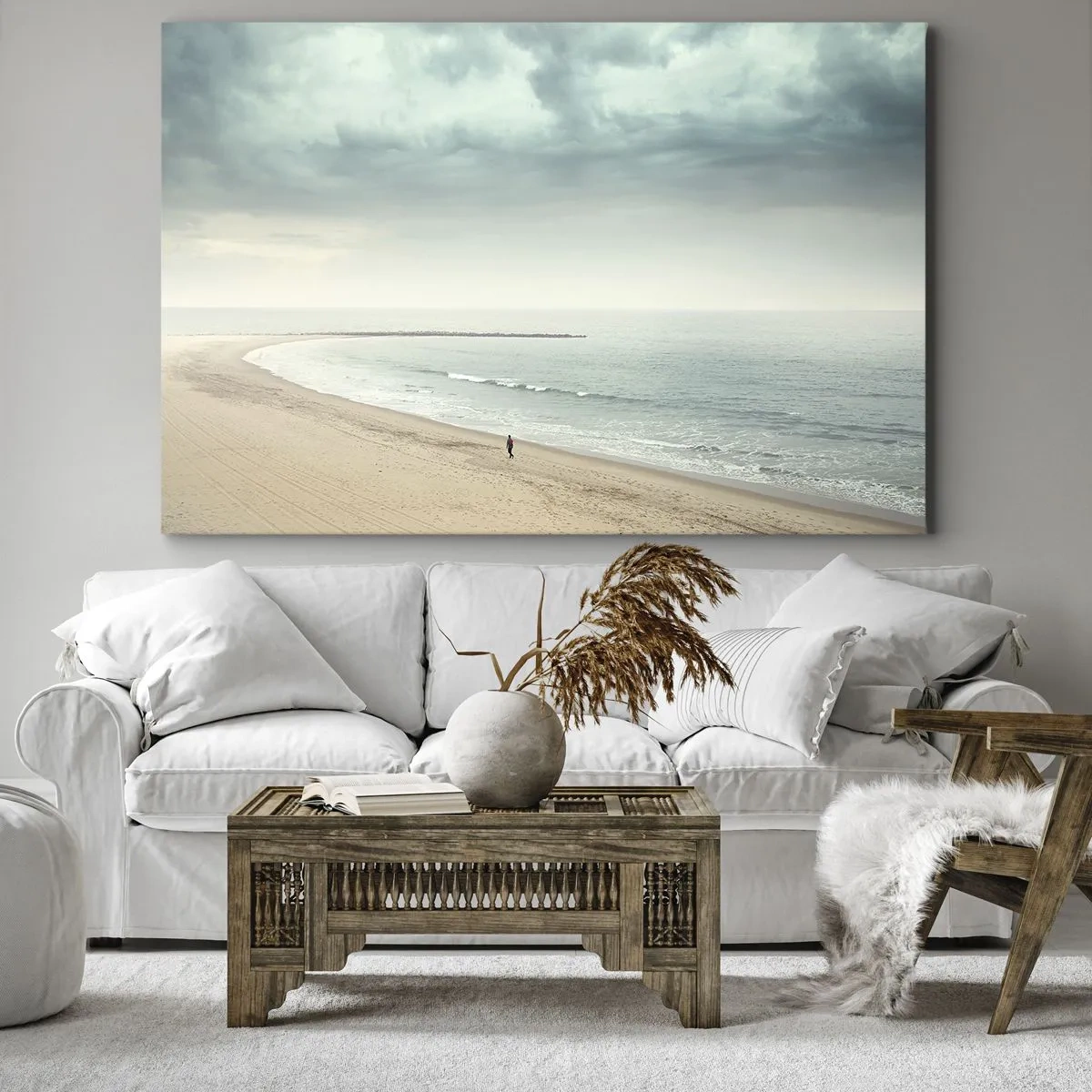 Impression sur toile - Image sur toile - Une silhouette solitaire sur une plage déserte au bord d'une mer calme - 120x80cm - à la recherche de la paix - Décoration murale moderne pour le salon et la chambre ARTTOR