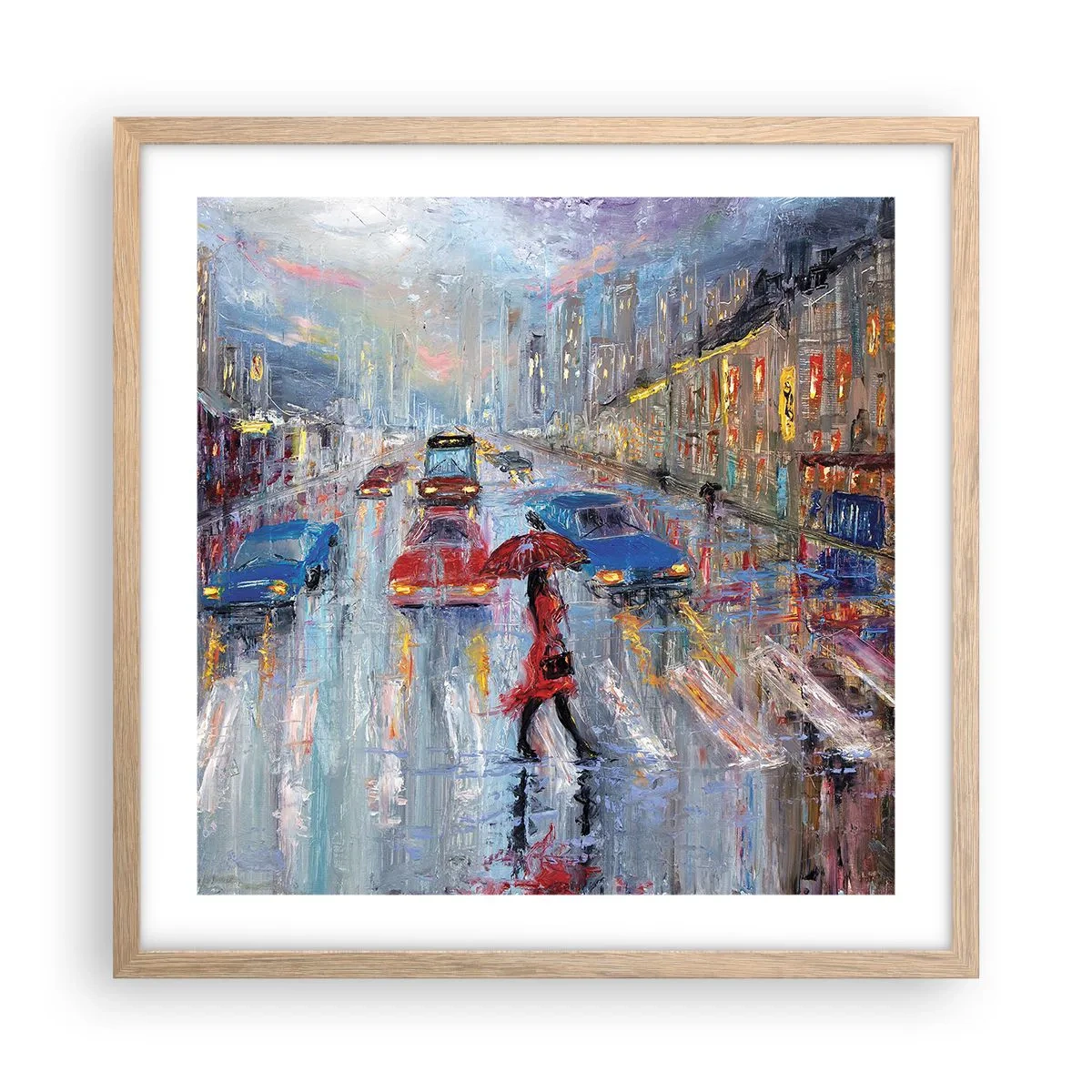 Affiche dans un chêne clair - Poster - Après-midi pluvieux en ville - 50x50 cm