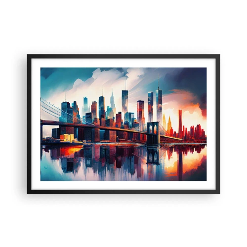 Affiche dans un cadre noir - Poster - Panorama de la ville de New York avec pont et reflet dans l'eau - 70x50cm - New York onirique - Décoration murale moderne pour le salon et la chambre ARTTOR