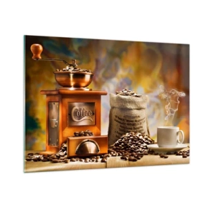 Impression sur verre - Image sur verre - Moulin à café, grains et une tasse sur une table en bois - 100x70cm - Le craquement des grains, le cliquetis d'un moulin - Décoration murale moderne pour le salon et la chambre ARTTOR