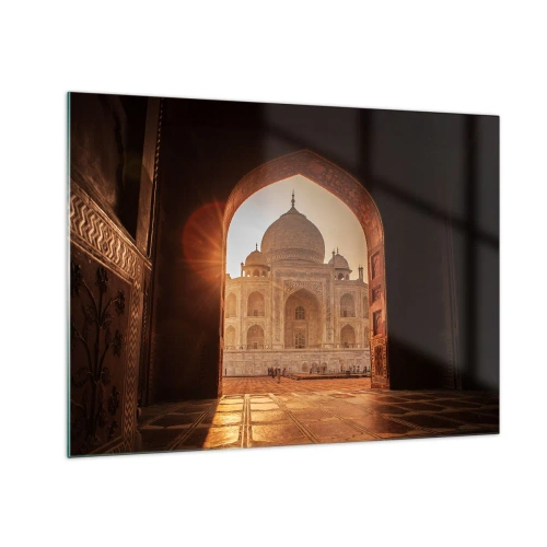 Impression sur verre - Image sur verre - Coucher de soleil sur un bâtiment monumental vu à travers une arche - 70x50cm - Un monument à l'amour surnaturel - Décoration murale moderne pour le salon et la chambre ARTTOR