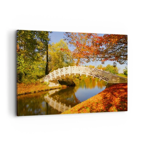 Impression sur toile - Image sur toile - Un pont dans un parc entouré de feuilles d'automne sur une eau calme - 100x70cm - Sur le pont blanc des soupirs - Décoration murale moderne pour le salon et la chambre ARTTOR