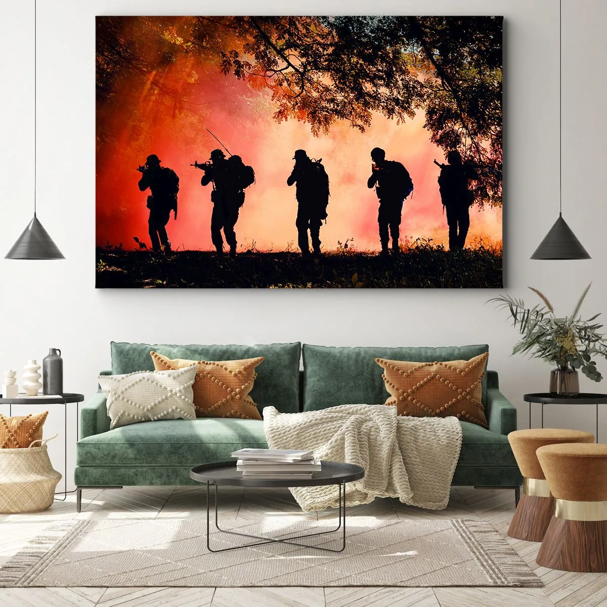 Impression sur toile - Image sur toile - Silhouettes de soldats dans la forêt contre le ciel orange - 100x70cm - … Tous pour un. - Décoration murale moderne pour le salon et la chambre ARTTOR