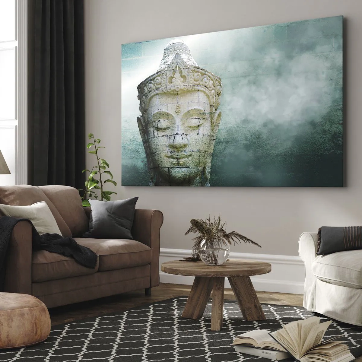 Impression sur toile - Image sur toile - Statue de Bouddha avec une douce brume sur un fond vert - 120x80cm - A la recherche de la lumière - Décoration murale moderne pour le salon et la chambre ARTTOR
