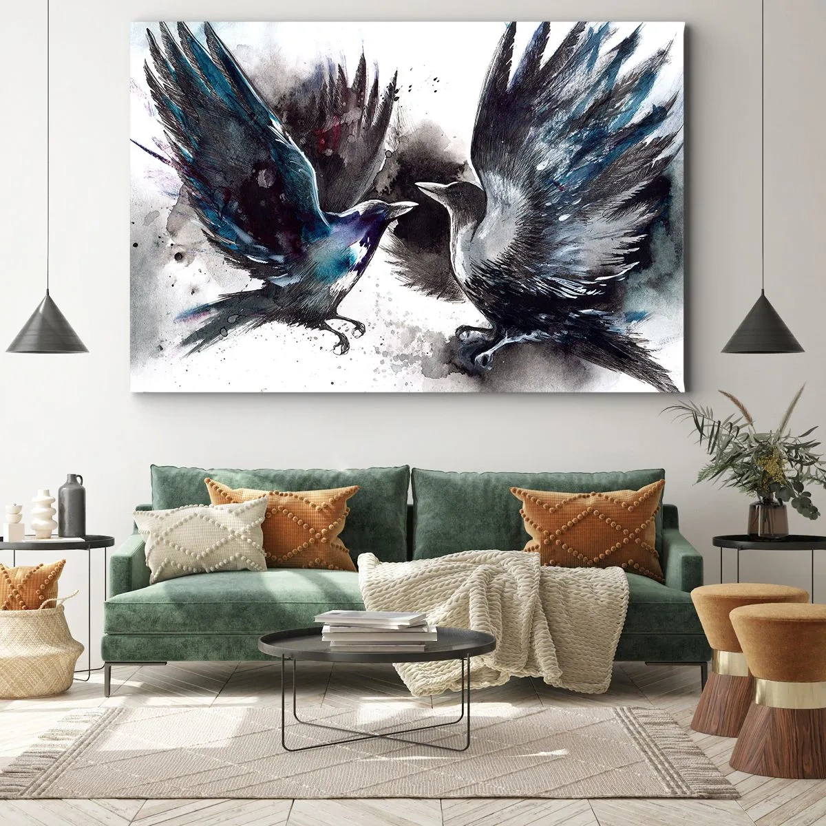 Impression sur toile - Image sur toile - Corbeaux artistiques dans une composition aquarelle dynamique - 70x50cm - Le corbeau des corbeaux - Décoration murale moderne pour le salon et la chambre ARTTOR