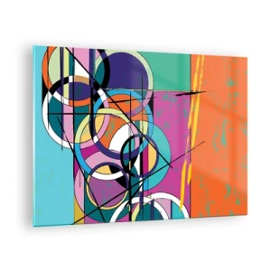 Impression sur verre - Image sur verre - Abstraction colorée avec des formes géométriques et des cercles - 70x50cm - Roues sur roues - Décoration murale moderne pour le salon et la chambre ARTTOR