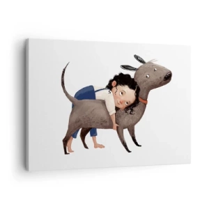 Impression sur toile - Image sur toile - Illustration de style dessin animé d'un enfant serrant un chien dans ses bras - 70x50cm - Les meilleurs amis - Décoration murale moderne pour le salon et la chambre ARTTOR