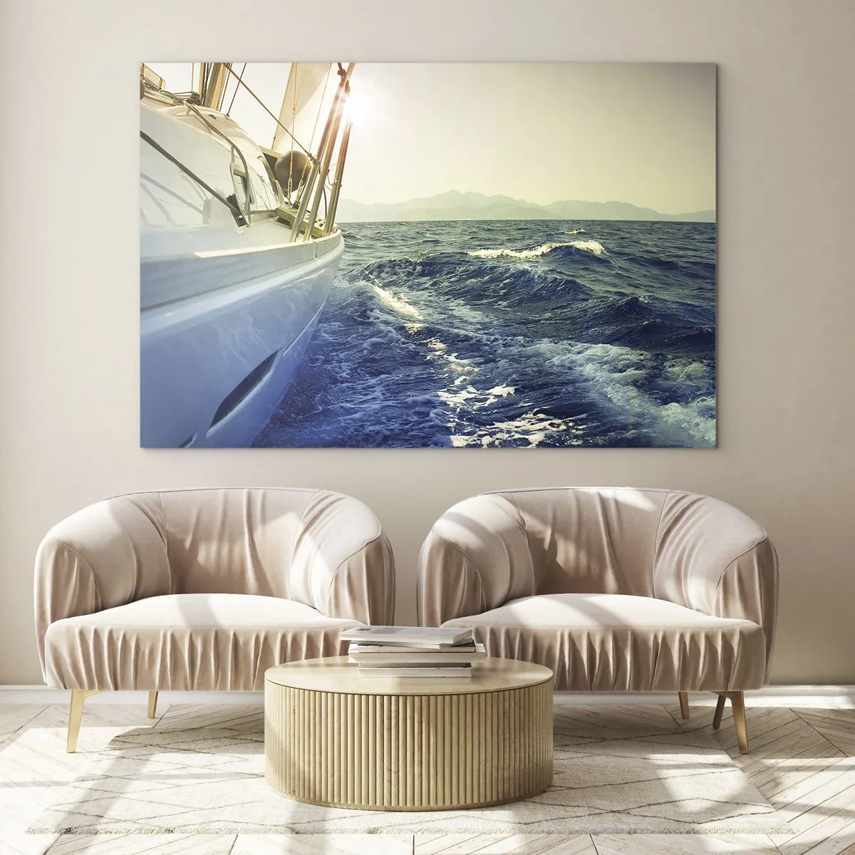 Impression sur verre - Image sur verre - Un voilier sur une mer calme à la lumière du soleil couchant - 120x80cm - Suite à l'aventure - Décoration murale moderne pour le salon et la chambre ARTTOR