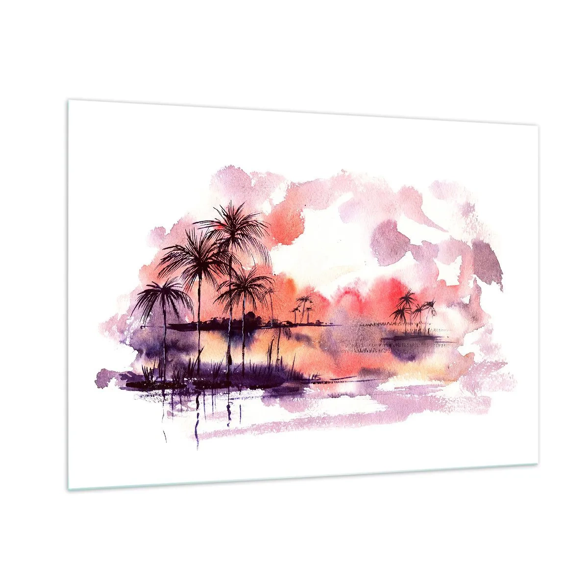 Impression sur verre - Image sur verre - Paysage tropical au coucher du soleil à l'aquarelle - 100x70cm - La tranquillité des tropiques en rouge - Décoration murale moderne pour le salon et la chambre ARTTOR