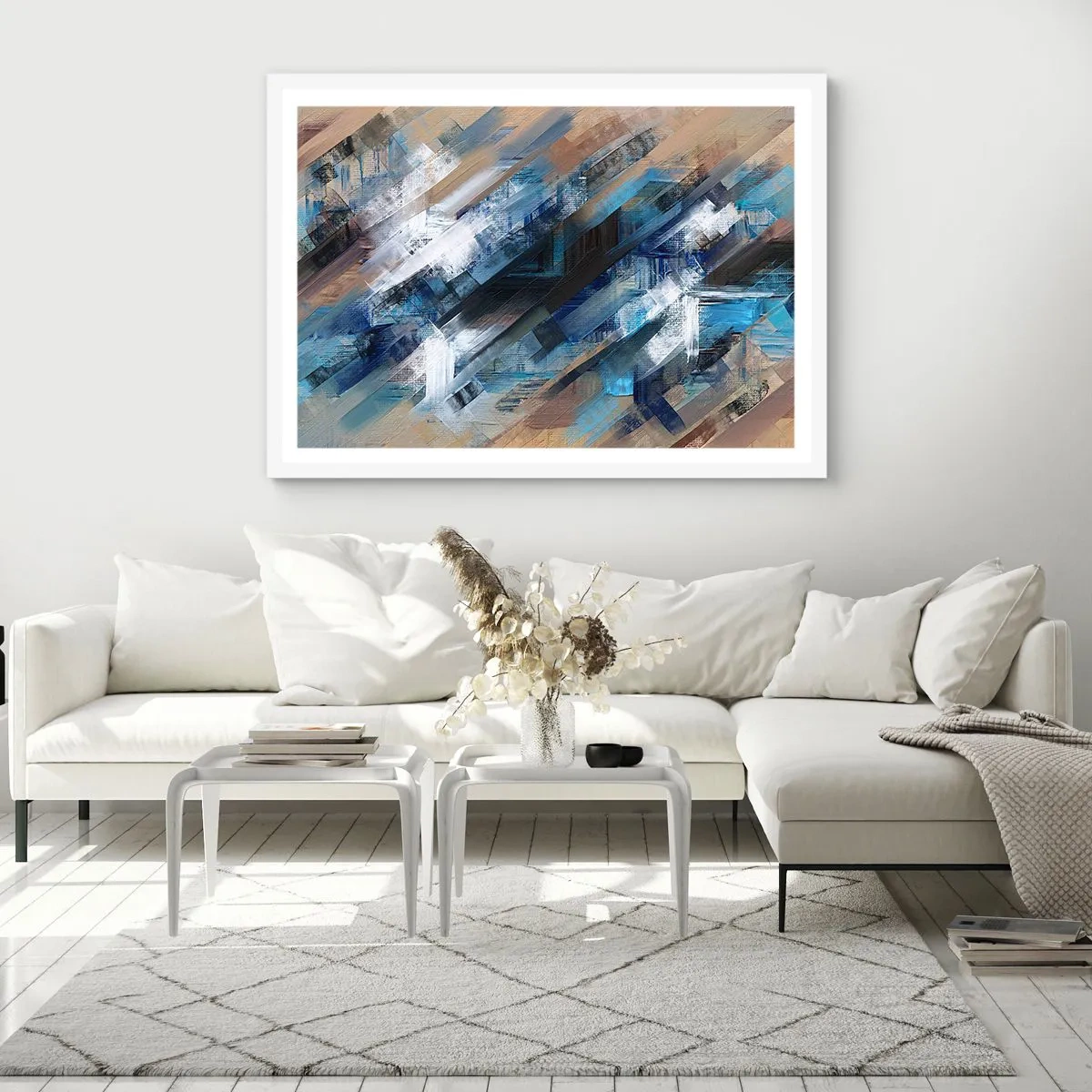 Affiche dans un cadre blanc - Poster - Diagonale de bleus - 70x50 cm