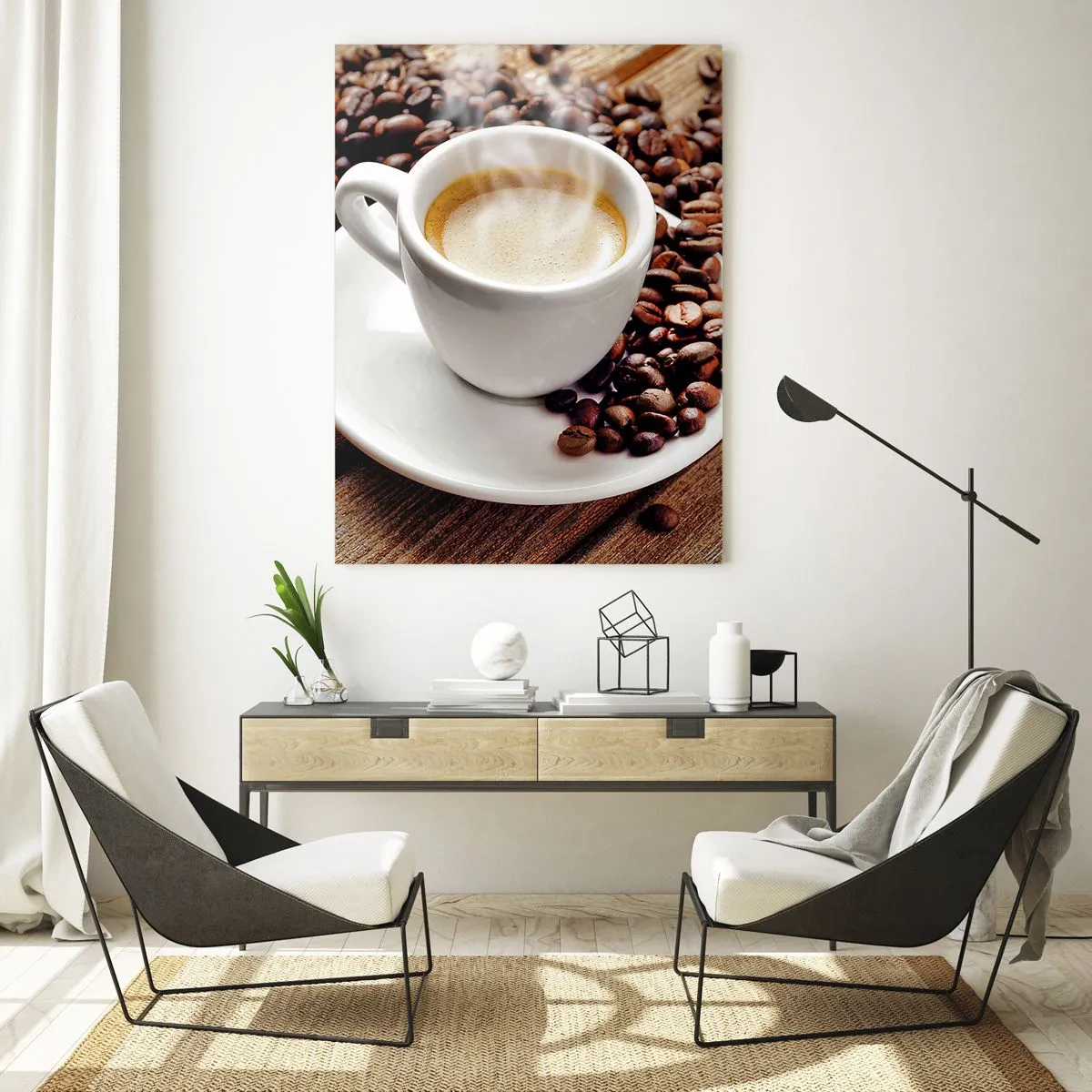 Impression sur verre - Image sur verre - Une tasse de café entourée de grains sur une table en bois - 50x70cm - Café sur un banc - Décoration murale moderne pour le salon et la chambre ARTTOR