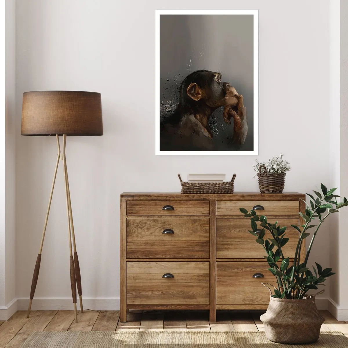Affiche - Poster - Portrait d'un singe pensant dans des tons gris doux avec un fond abstrait - 50x70cm - Certainement un penseur - Décoration murale moderne pour le salon et la chambre ARTTOR