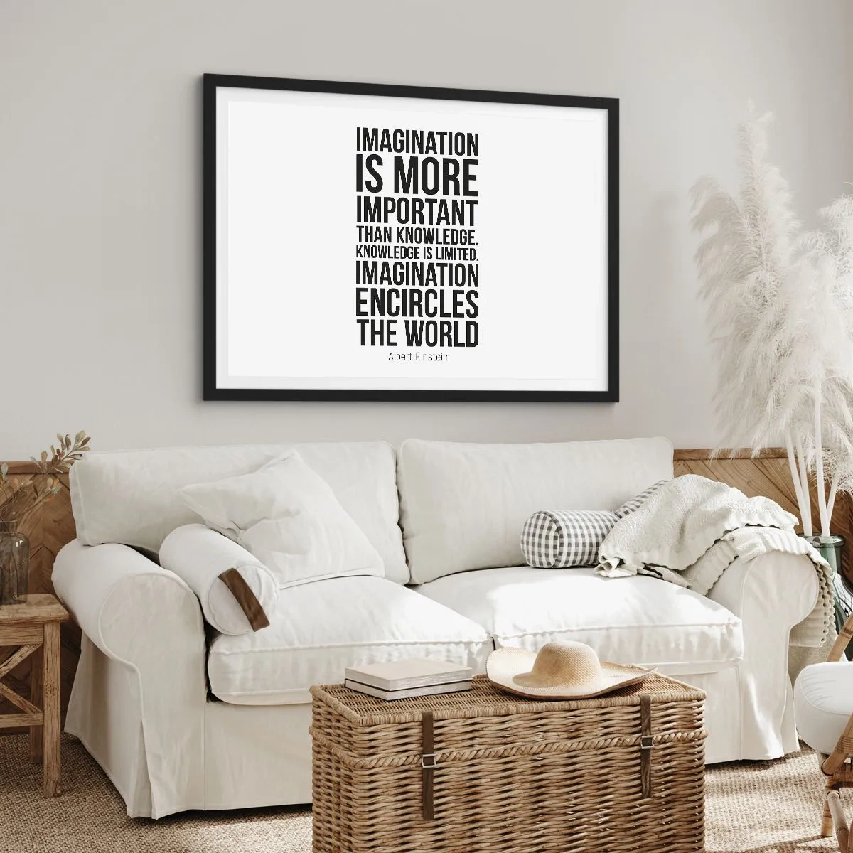Affiche dans un cadre noir - Poster - Citation inspirante sur fond blanc en police noire - 70x50cm - Einstein sur le pouvoir de l'imagination - Décoration murale moderne pour le salon et la chambre ARTTOR