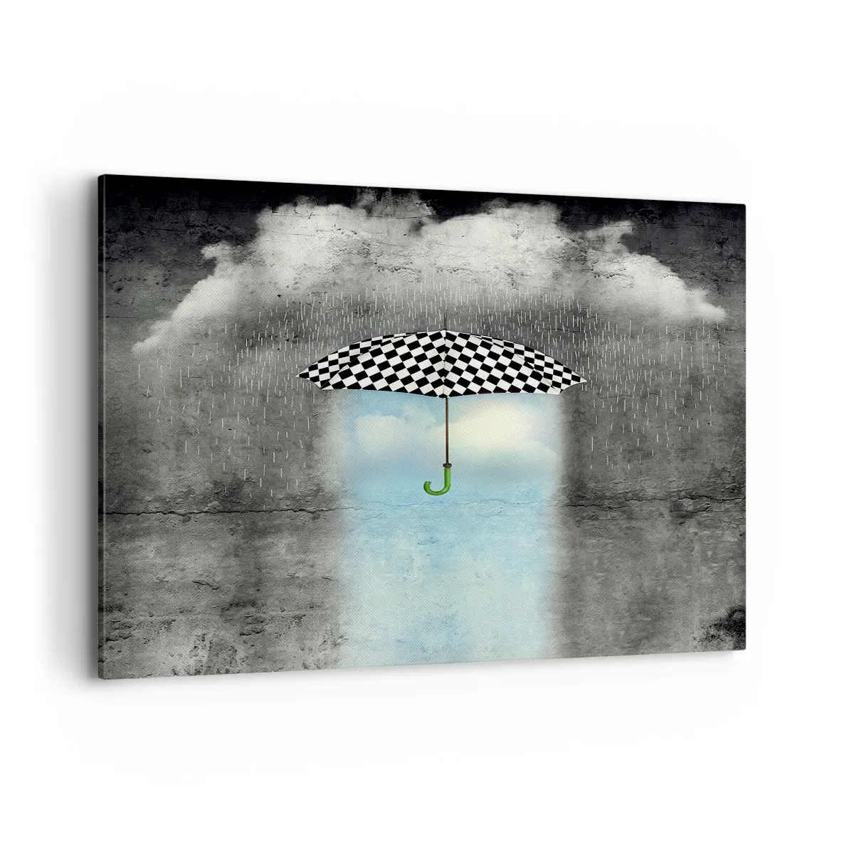 Impression sur toile - Image sur toile - Un parapluie à carreaux sur un paysage pluvieux - 120x80cm - Et pourtant c'est possible - Décoration murale moderne pour le salon et la chambre ARTTOR