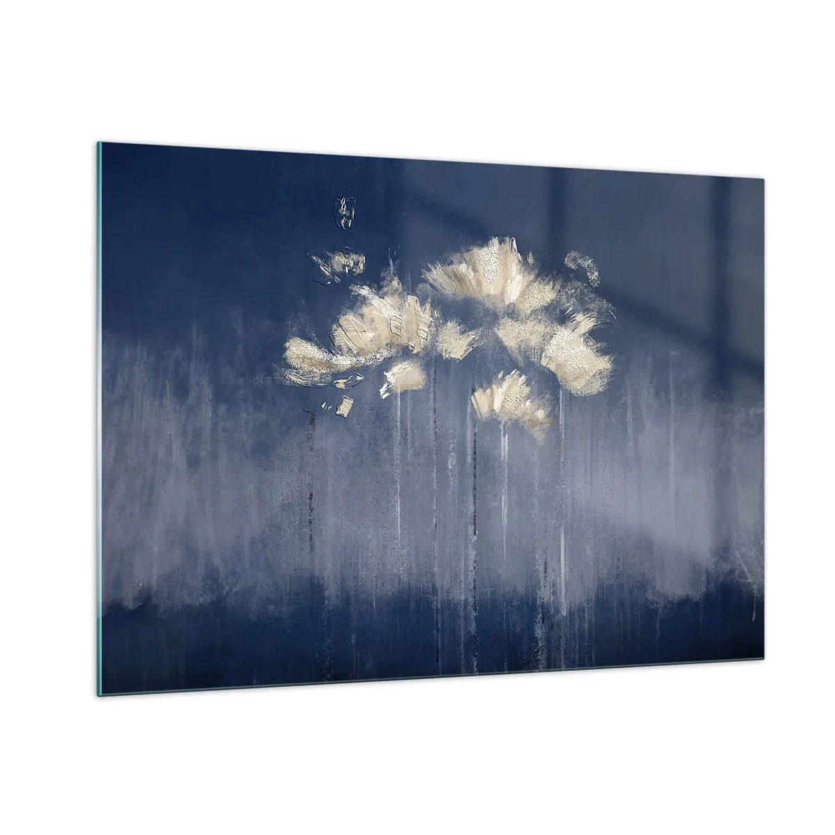 Impression sur verre - Image sur verre - Composition florale abstraite dorée sur fond bleu marine - 100x70cm - Comme des pétales au vent - Décoration murale moderne pour le salon et la chambre ARTTOR