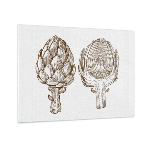 Impression sur verre - Image sur verre - Dessin botanique d'un artichaut dans son intégralité et en coupe transversale - 70x50cm - Leçon d’anatomie - Décoration murale moderne pour le salon et la chambre ARTTOR